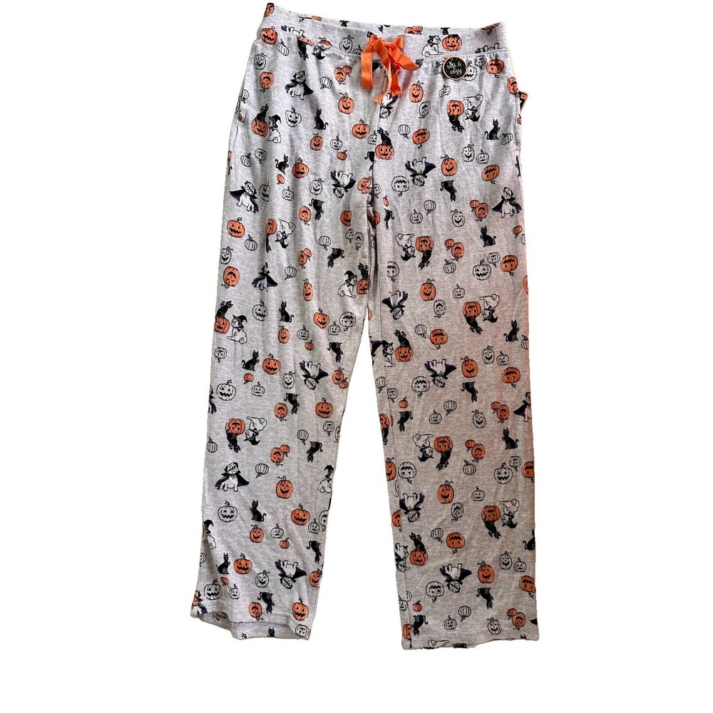 Womens Halloween theme Gray Pajama Pants Witch Black Cat Size Medium Fleece